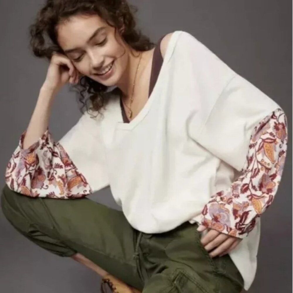 Anthropologie White Tunic with Floral Sleeves
